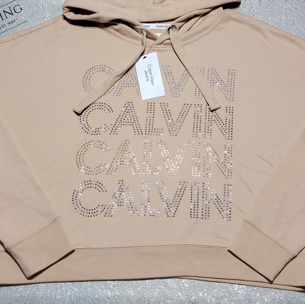 NEW Calvin Klein Jeans Women's Small Cropped Logo Hoodied Cream Sweatshirt
